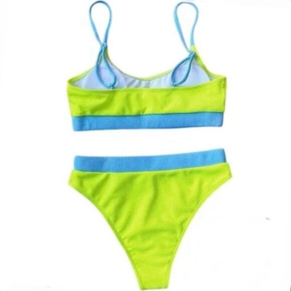 Womens Neon Green Ribbed Bikini Set – Small High Waist 2-Piece Swimsuit Cheeky - Picture 8 of 9